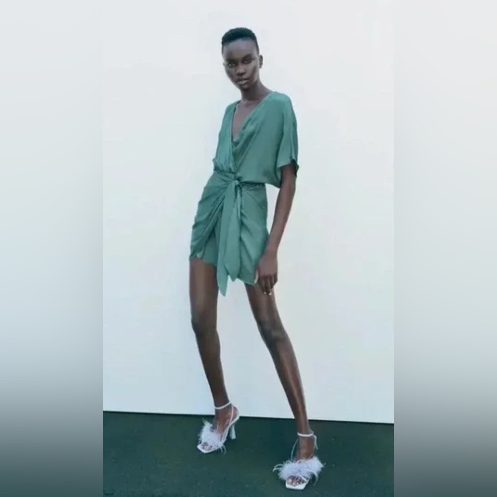 ZARA‎ Women's Small Sea Green Satin Effect Faux Wrap Party Cocktail Mini Dress